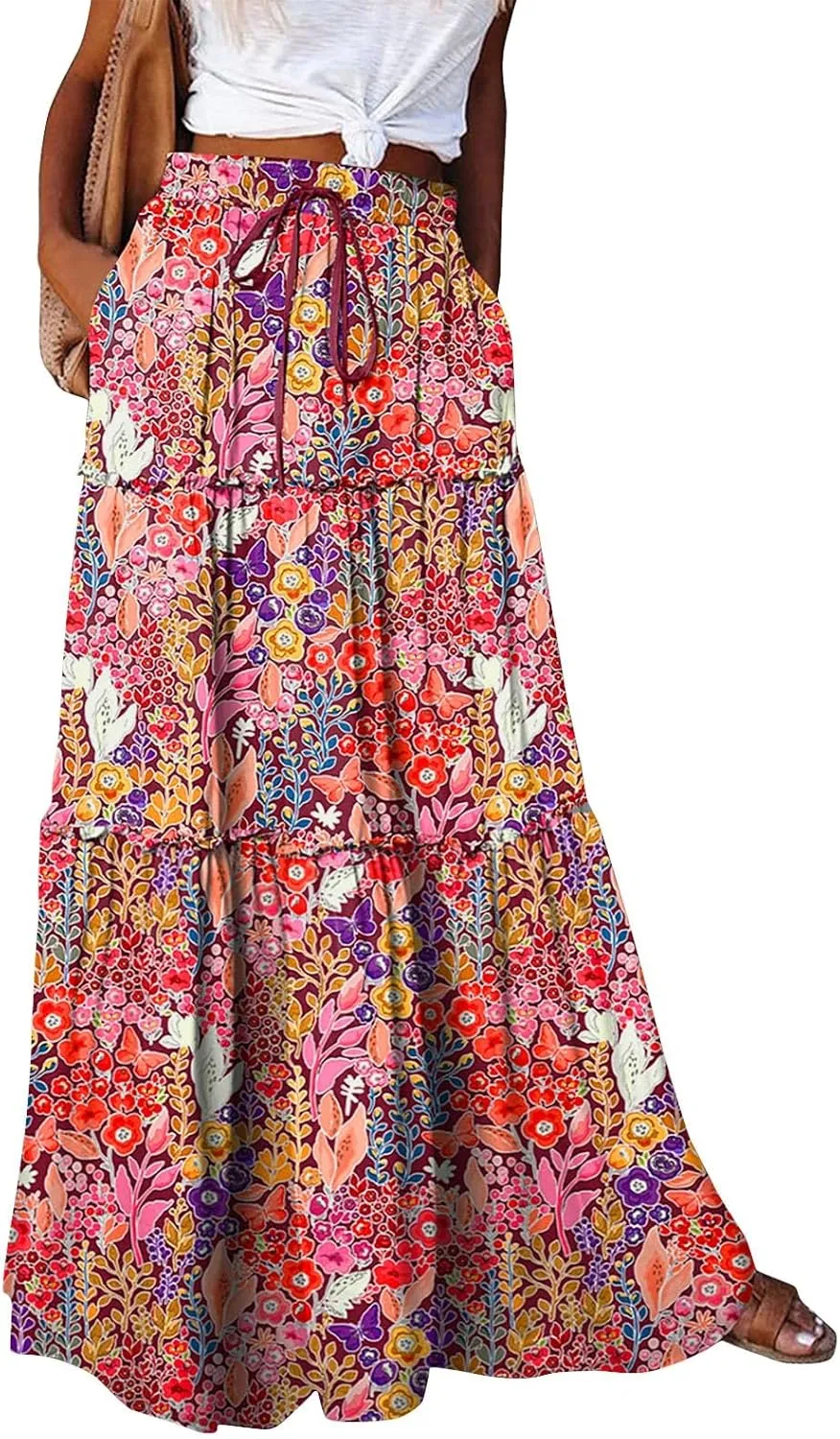 Maxi Skirts with Pocket for Women Floral Print Boho Tiered Skirt Elastic High Waist Pleated A Line Flowy Long Skirts