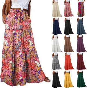 Maxi Skirts with Pocket for Women Floral Print Boho Tiered Skirt Elastic High Waist Pleated A Line Flowy Long Skirts