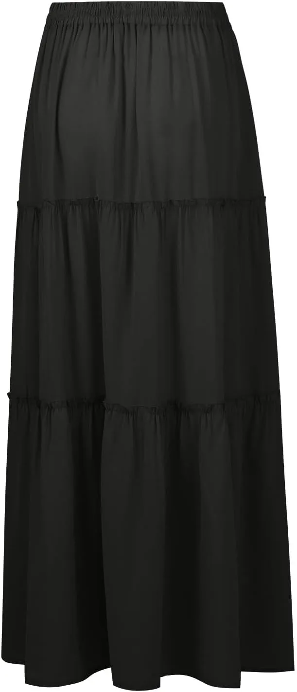 Maxi Skirts with Pocket for Women Floral Print Boho Tiered Skirt Elastic High Waist Pleated A Line Flowy Long Skirts