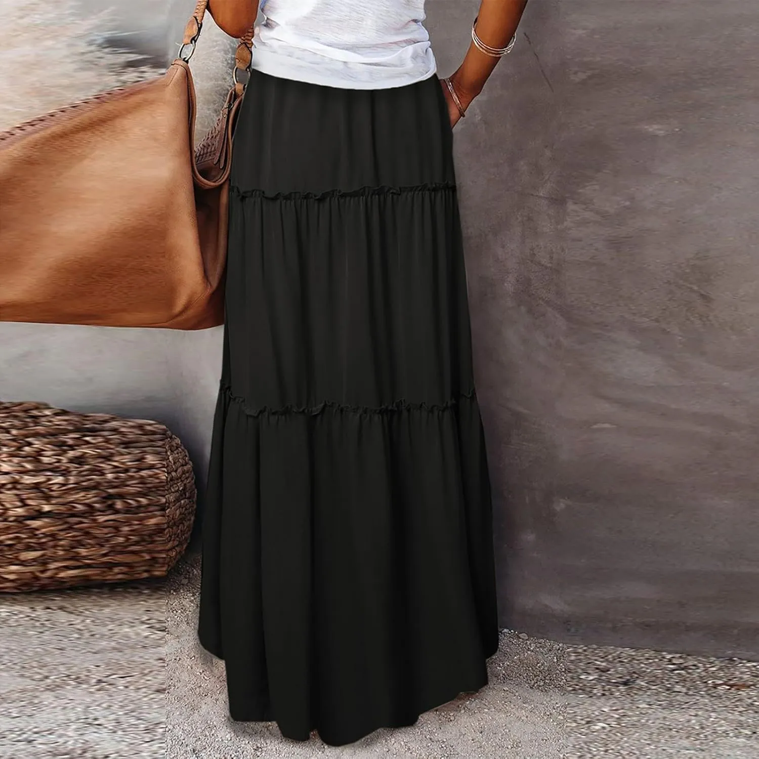Maxi Skirts with Pocket for Women Floral Print Boho Tiered Skirt Elastic High Waist Pleated A Line Flowy Long Skirts