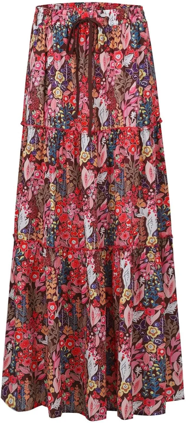 Maxi Skirts with Pocket for Women Floral Print Boho Tiered Skirt Elastic High Waist Pleated A Line Flowy Long Skirts