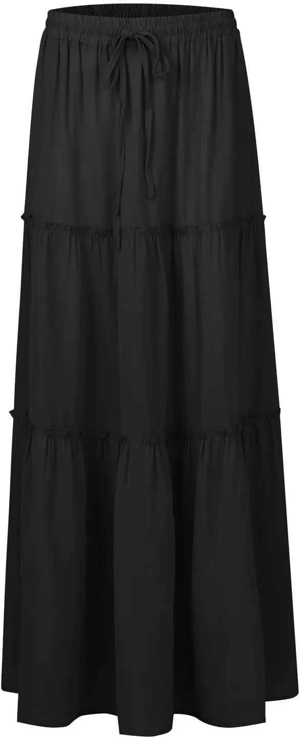 Maxi Skirts with Pocket for Women Floral Print Boho Tiered Skirt Elastic High Waist Pleated A Line Flowy Long Skirts