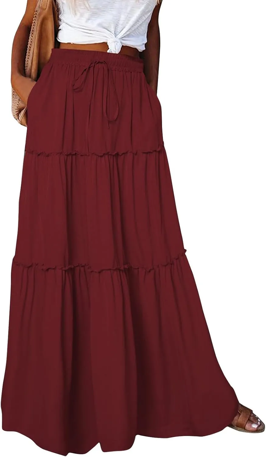 Maxi Solid Skirts for Women High Waisted Tiered Skirt A Line Pleated Swing Tie Front Flowy Long Skirt with Pockets