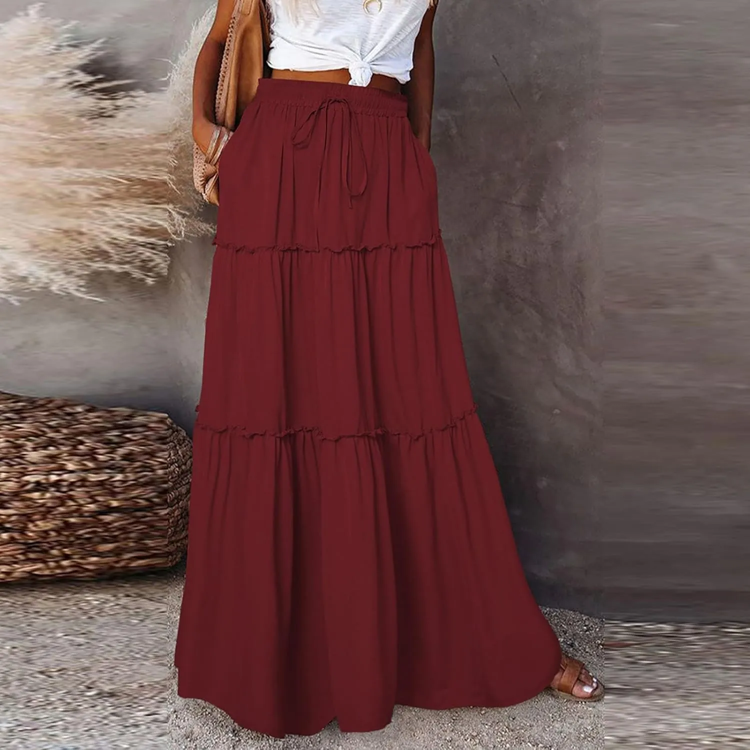 Maxi Solid Skirts for Women High Waisted Tiered Skirt A Line Pleated Swing Tie Front Flowy Long Skirt with Pockets