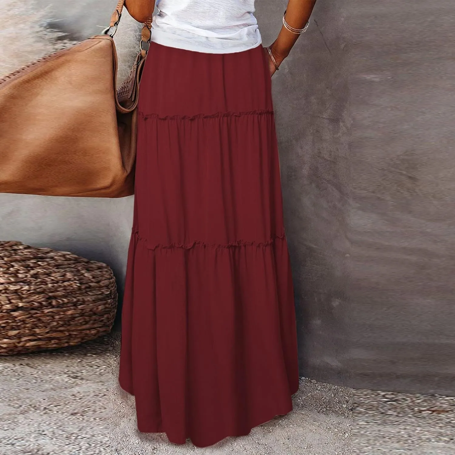Maxi Solid Skirts for Women High Waisted Tiered Skirt A Line Pleated Swing Tie Front Flowy Long Skirt with Pockets