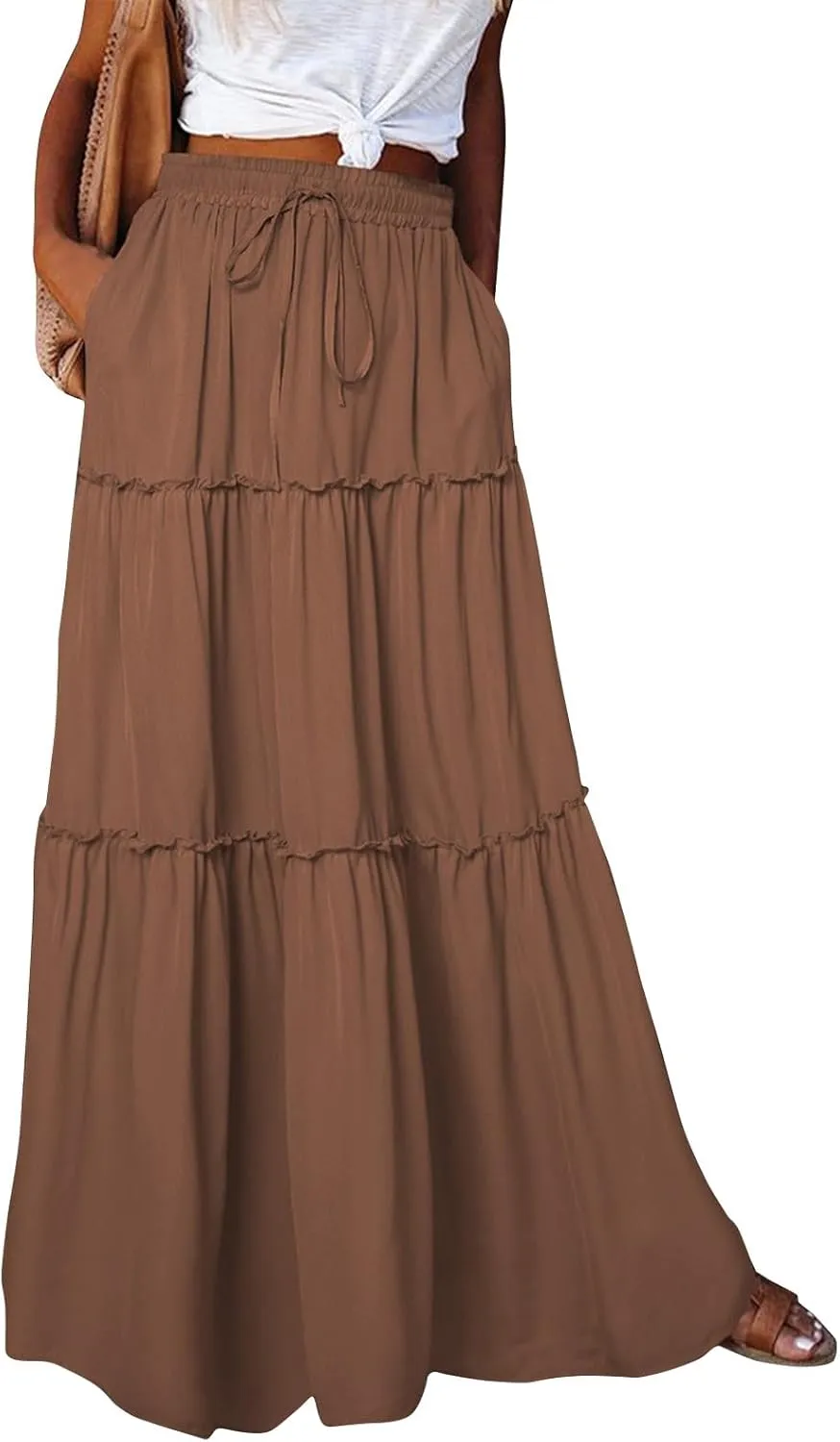 Maxi Solid Skirts for Women High Waisted Tiered Skirt A Line Pleated Swing Tie Front Flowy Long Skirt with Pockets