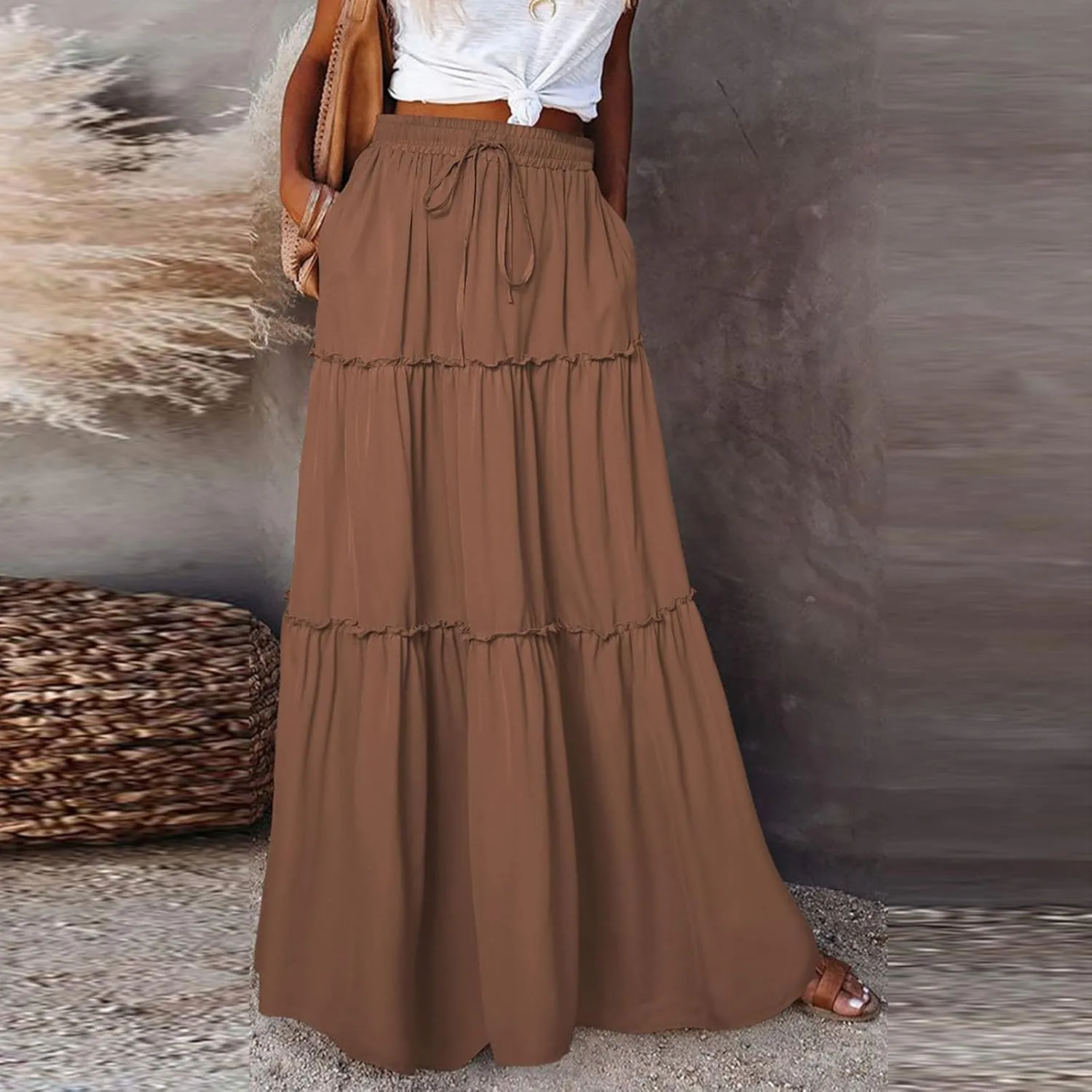 Maxi Solid Skirts for Women High Waisted Tiered Skirt A Line Pleated Swing Tie Front Flowy Long Skirt with Pockets