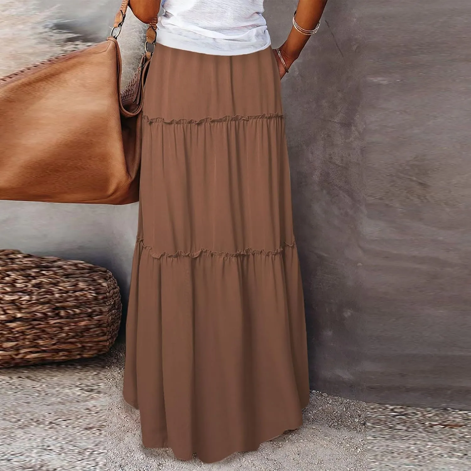 Maxi Solid Skirts for Women High Waisted Tiered Skirt A Line Pleated Swing Tie Front Flowy Long Skirt with Pockets
