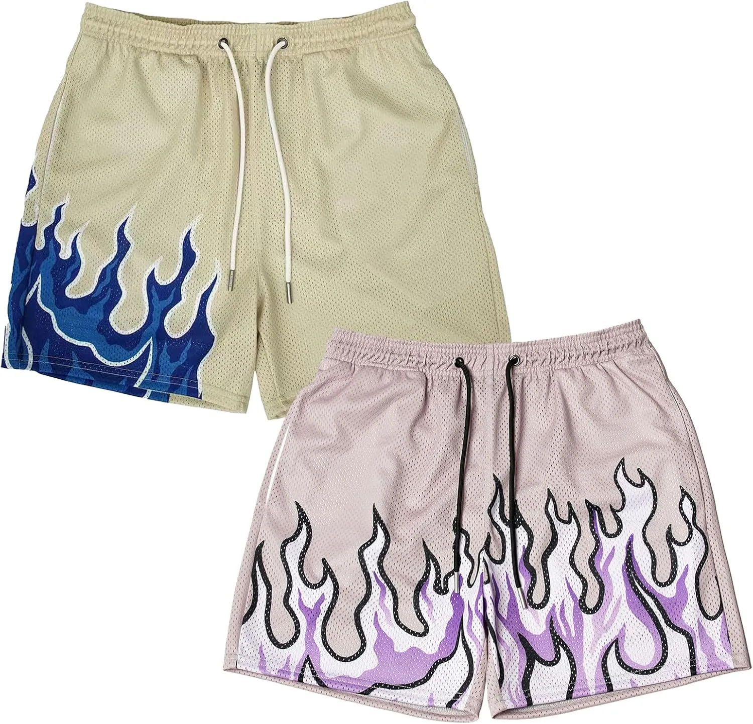 MECH-ENG Mens Graphic Shorts Flame Workout Running Drawstring Shorts Retro Mesh Boxing Basketball Shorts