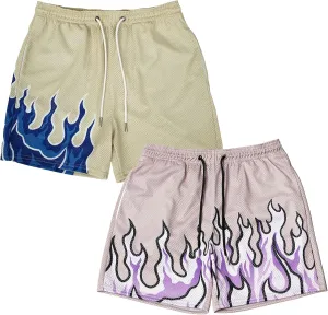 MECH-ENG Mens Graphic Shorts Flame Workout Running Drawstring Shorts Retro Mesh Boxing Basketball Shorts