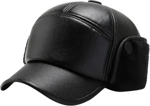Men PU Leather Fleece Lined Baseball Cap Casual Windproof Thermal Hat Winter Earmuffs Ski Cycling Hat