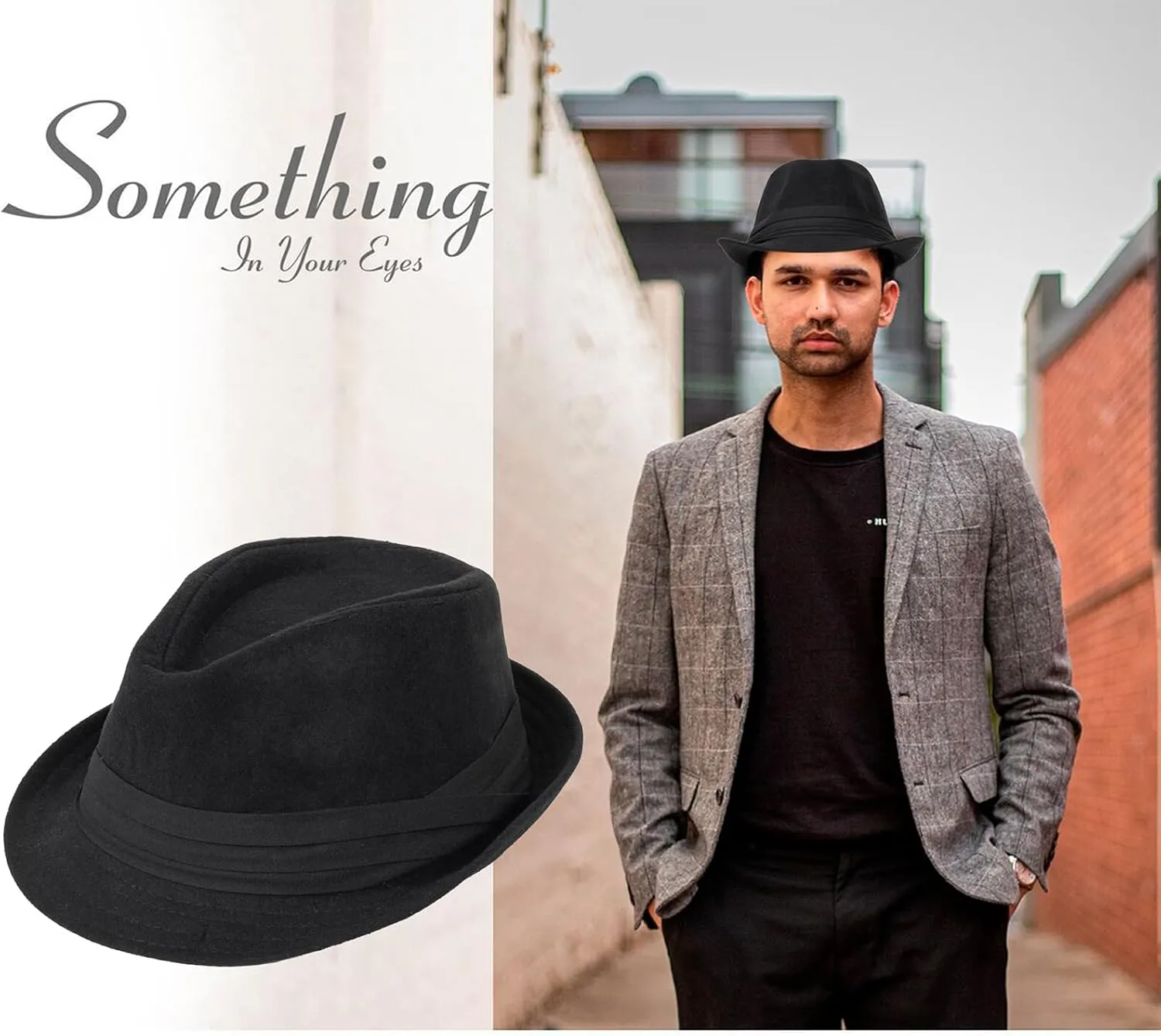 Mens 1920s-Fedora Hat Gangster-Hat Black Short Brim Trilby Cap for Men Women Gatsby-Costume (Size:M)