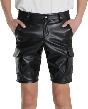 Mens 6 Inch Shorts Classic Fit Button Pocket Zipper Solid Shorts Vintage Fashion Pu Leather Straight Leg Shorts