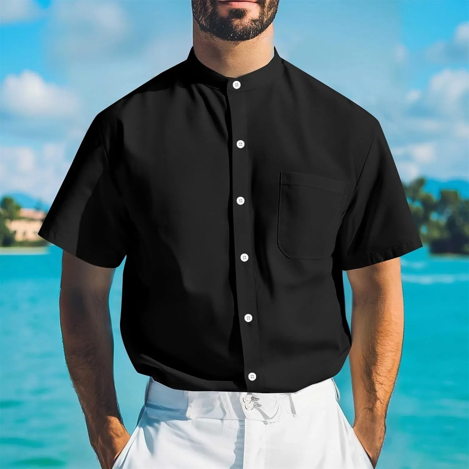 Men's Button Down Shirts Summer Casual Big and Tall Short Sleeve Beach Shirt Quick Dry Pocket Dress Chambray Blouse