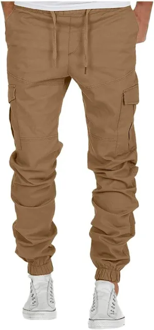 Men's Cargo Pants Casual Drawstring Multi-Pocket Solid Work Tie Feet Trousers Relaxed Fit Lightweight Sweatpants