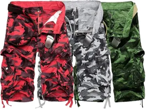 Men's Casual Cotton Camouflage Cargo Shorts Lightweight Multi Pocket Hiking Shorts Knee Length Camo Pant No Belt