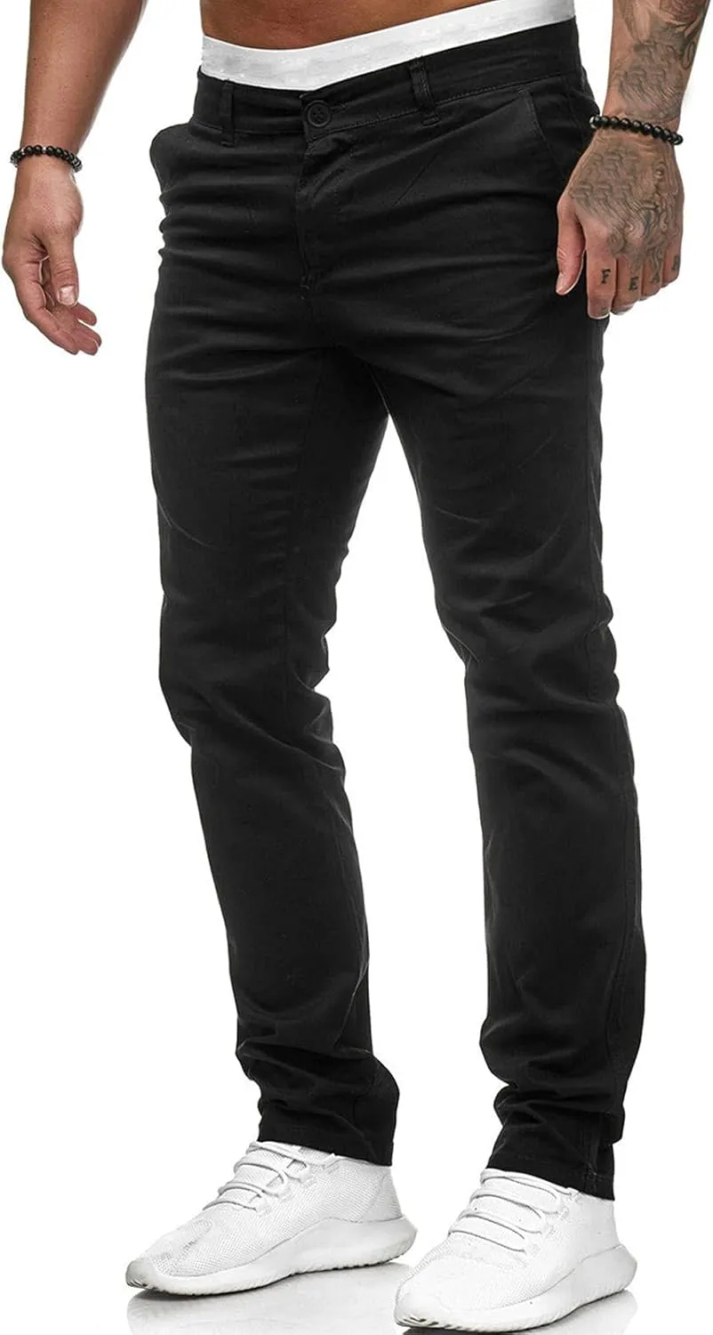 Men's Casual Pants Solid Pocket Button Mid Waist Work Trousers Relaxed Fit Straight Leg Long Pants