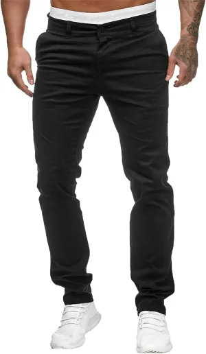 Men's Casual Pants Solid Pocket Button Mid Waist Work Trousers Relaxed Fit Straight Leg Long Pants