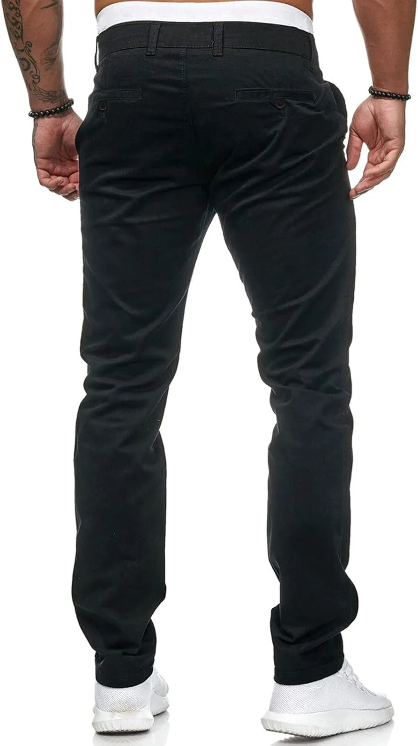 Men's Casual Pants Solid Pocket Button Mid Waist Work Trousers Relaxed Fit Straight Leg Long Pants