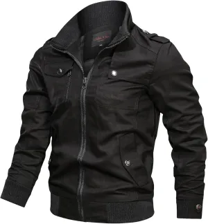 Mens Chic Cotton Military Jackets Stand Collar Long Sleeve Windbreaker with Zipper Casual Bomber Jackets
