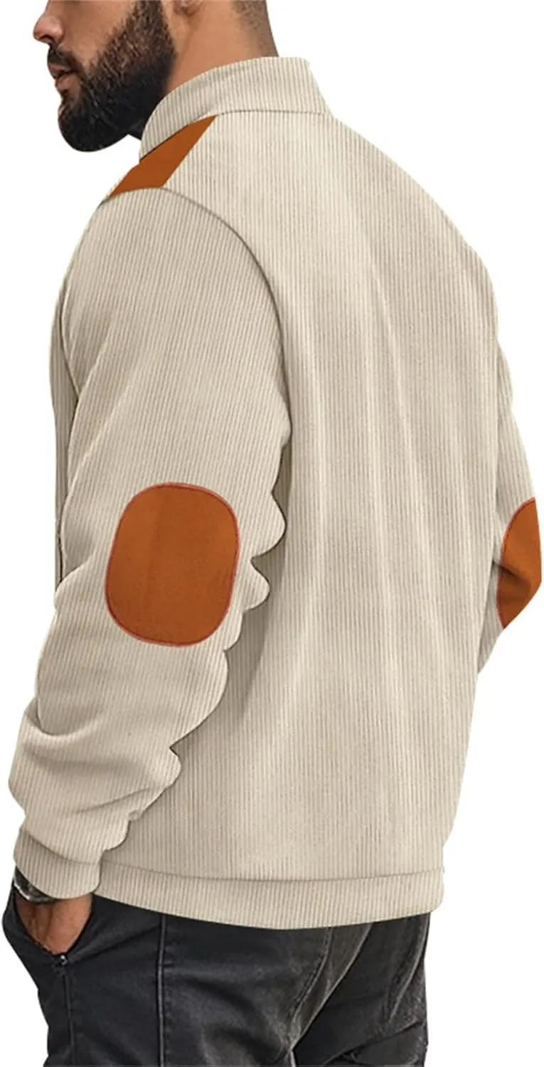 Men's Corduroy Zip Up Jackets Casual Lightweight Stand Collar Stripe Cardigan Trendy Patchwork Long Sleeve Coats