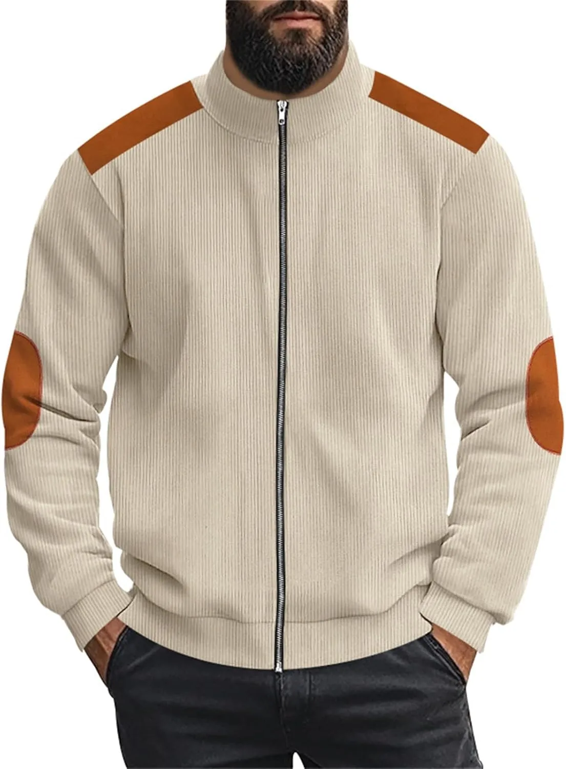 Men's Corduroy Zip Up Jackets Casual Lightweight Stand Collar Stripe Cardigan Trendy Patchwork Long Sleeve Coats