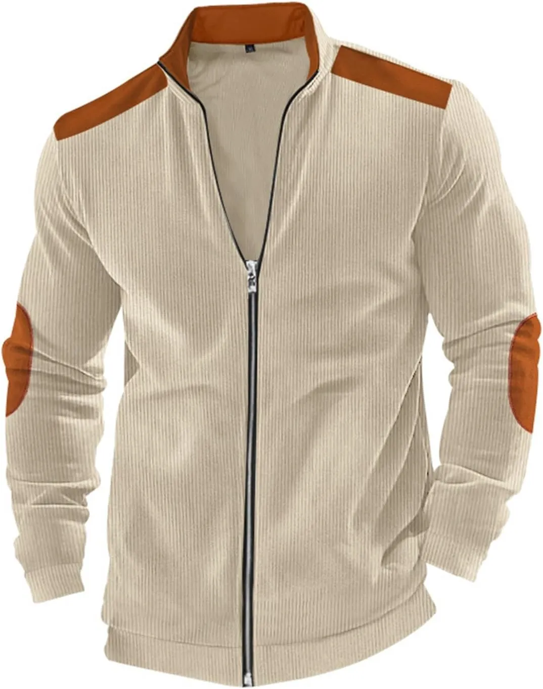 Men's Corduroy Zip Up Jackets Casual Lightweight Stand Collar Stripe Cardigan Trendy Patchwork Long Sleeve Coats