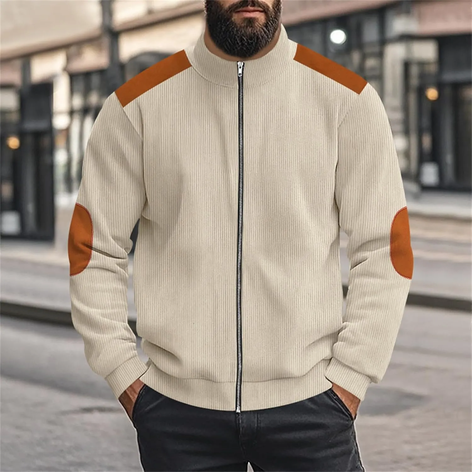 Men's Corduroy Zip Up Jackets Casual Lightweight Stand Collar Stripe Cardigan Trendy Patchwork Long Sleeve Coats