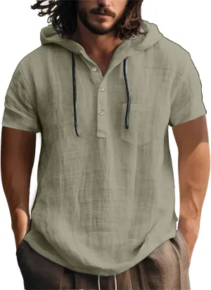 Men's Cotton Linen Hoodies Shirts Short Sleeve Casual Lace Up Hooded Shirt Breathable Quick Dry Beach Hippie Tee Top