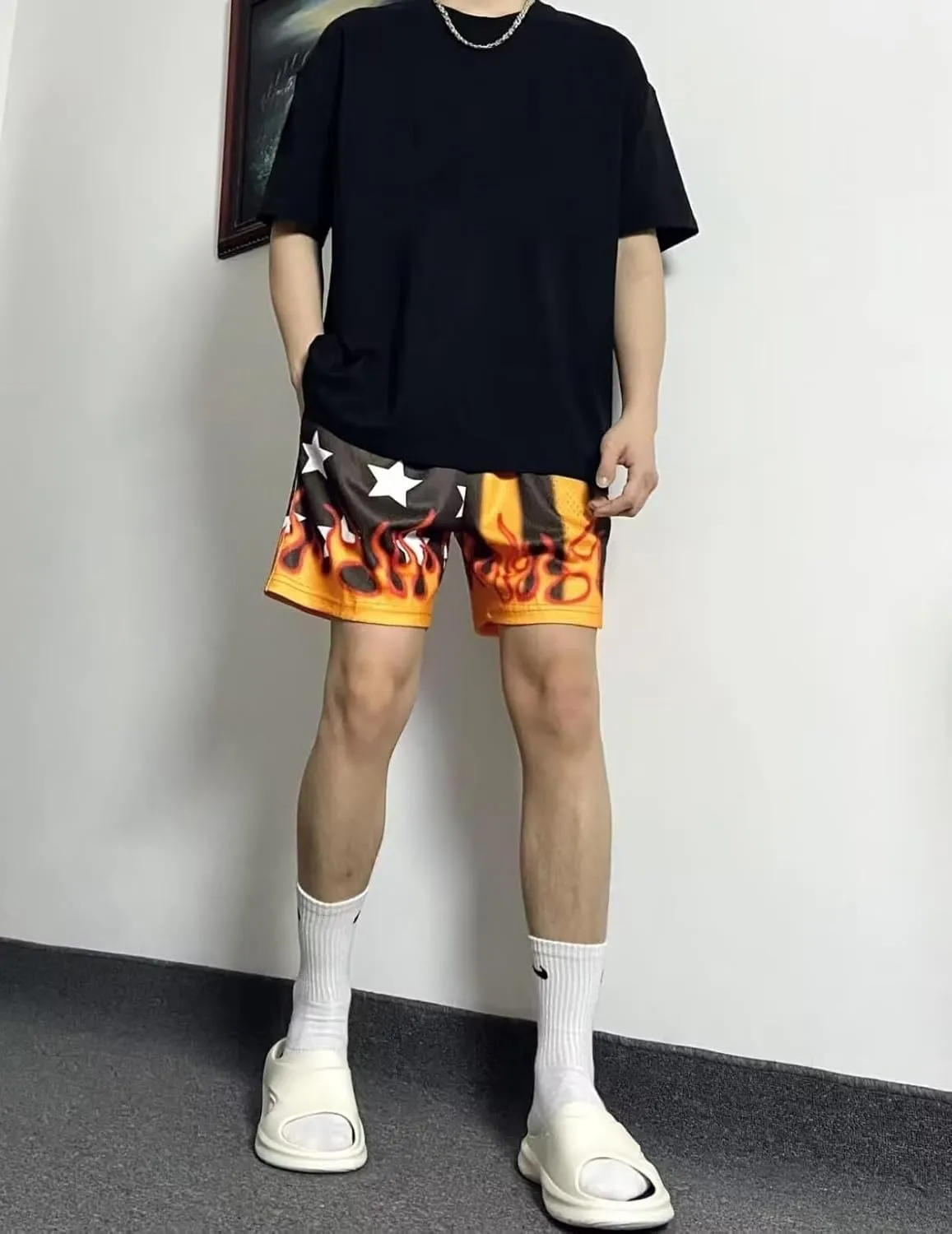 Men's Flame Star Basketball Shorts Breathable Mesh Retro Streetwear Gym Shorts