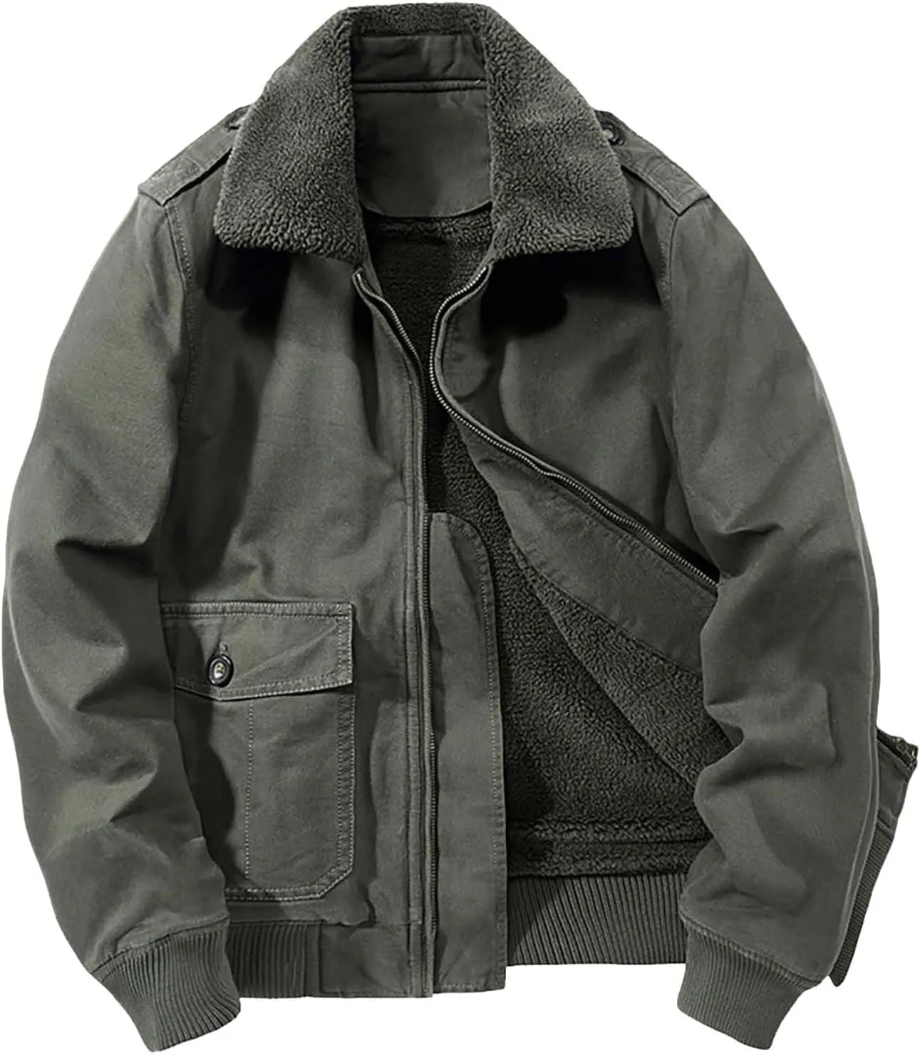 Men's Jacket with Fur Collar Fleece Sherpa Lined Warm Cargo Coat Casual Full Zip Winter Parka Outwear with Pockets