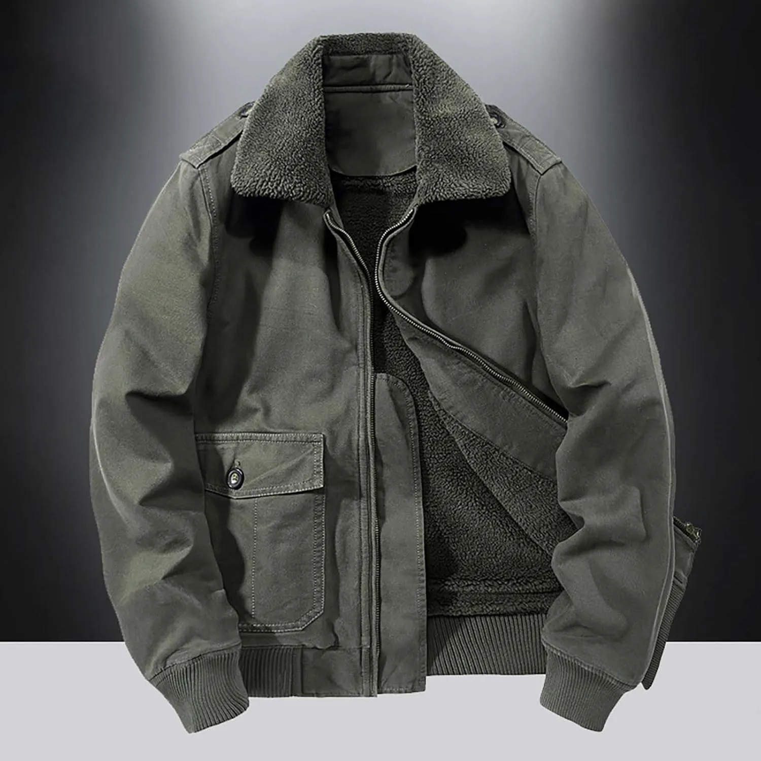Men's Jacket with Fur Collar Fleece Sherpa Lined Warm Cargo Coat Casual Full Zip Winter Parka Outwear with Pockets