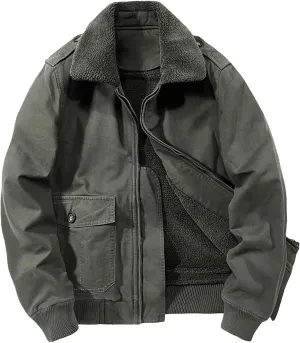 Men's Jacket with Fur Collar Fleece Sherpa Lined Warm Cargo Coat Casual Full Zip Winter Parka Outwear with Pockets