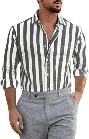 Mens Linen Shirts Summer Trendy Striped Color Block Short Sleeve Dress Shirt Business Office Button Down Work Blouse