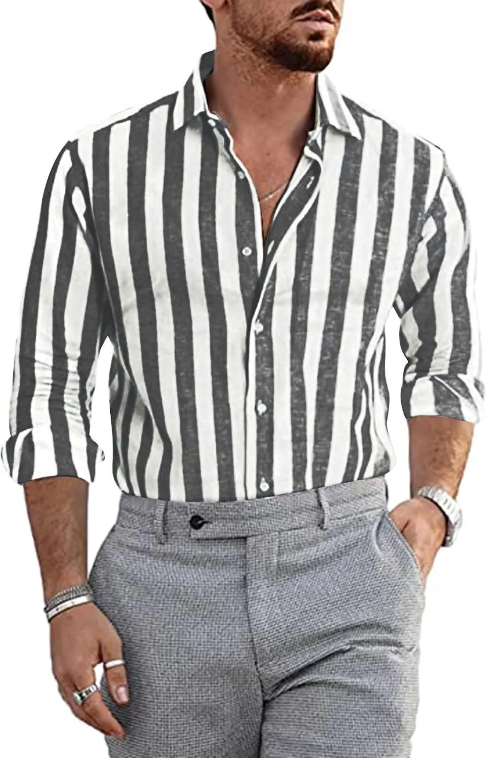 Mens Linen Shirts Summer Trendy Striped Color Block Short Sleeve Dress Shirt Business Office Button Down Work Blouse