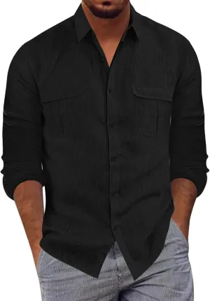 Men's Long Sleeve Casual Button Down Linen Shirts Striped Henley Shirt Untucked Shirts for Men Trendy Dress Shirt
