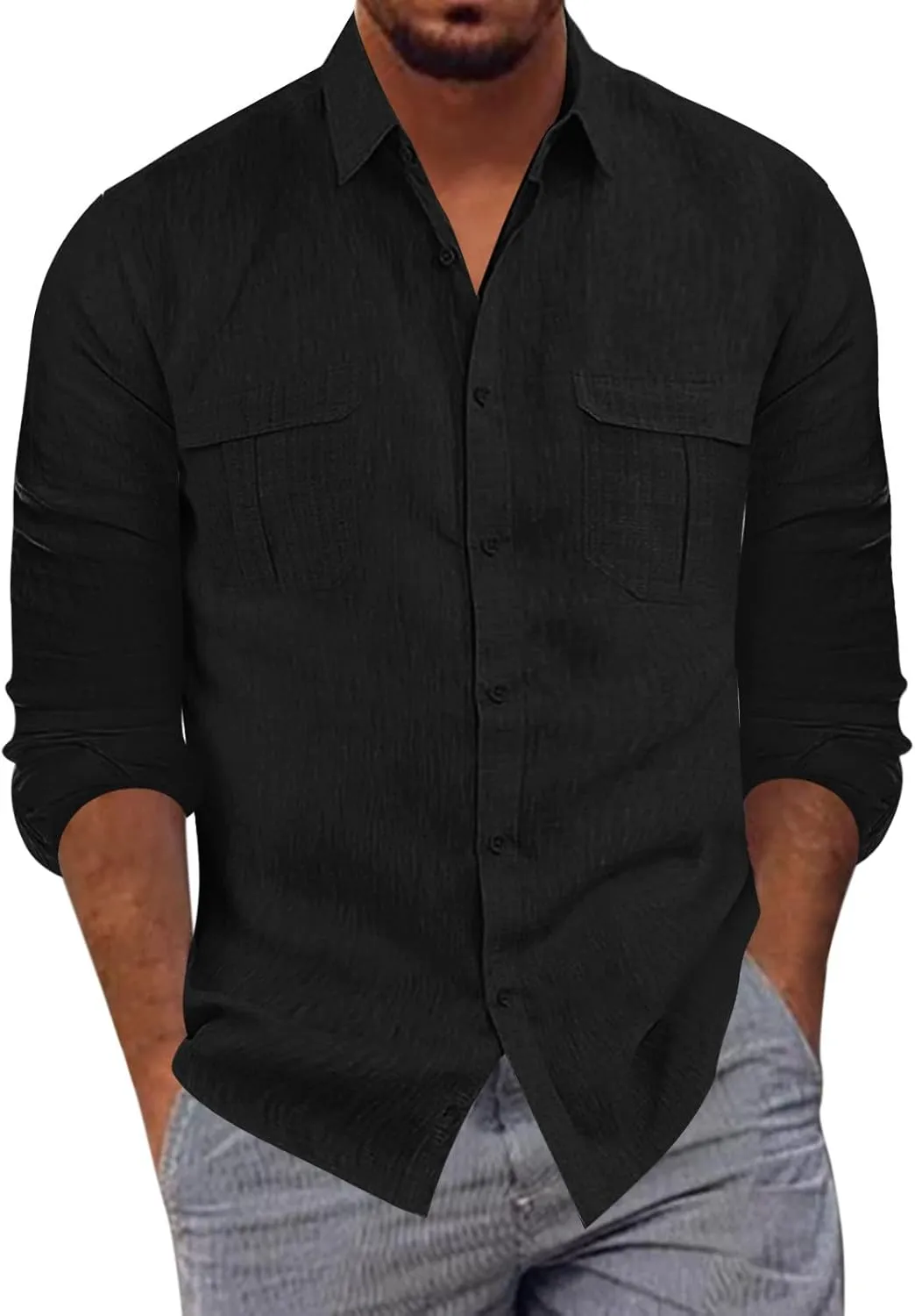 Men's Long Sleeve Casual Button Down Linen Shirts Striped Henley Shirt Untucked Shirts for Men Trendy Dress Shirt