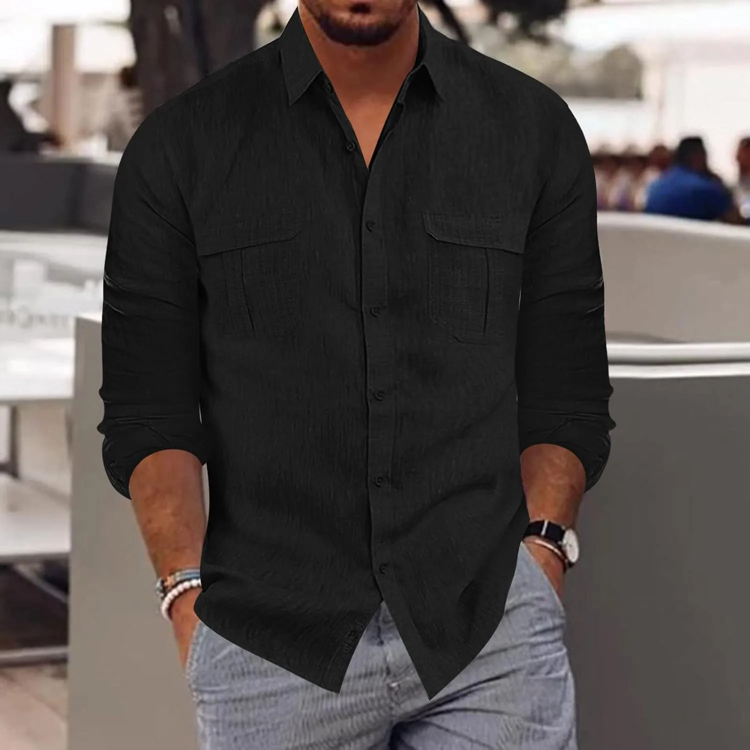 Men's Long Sleeve Casual Button Down Linen Shirts Striped Henley Shirt Untucked Shirts for Men Trendy Dress Shirt