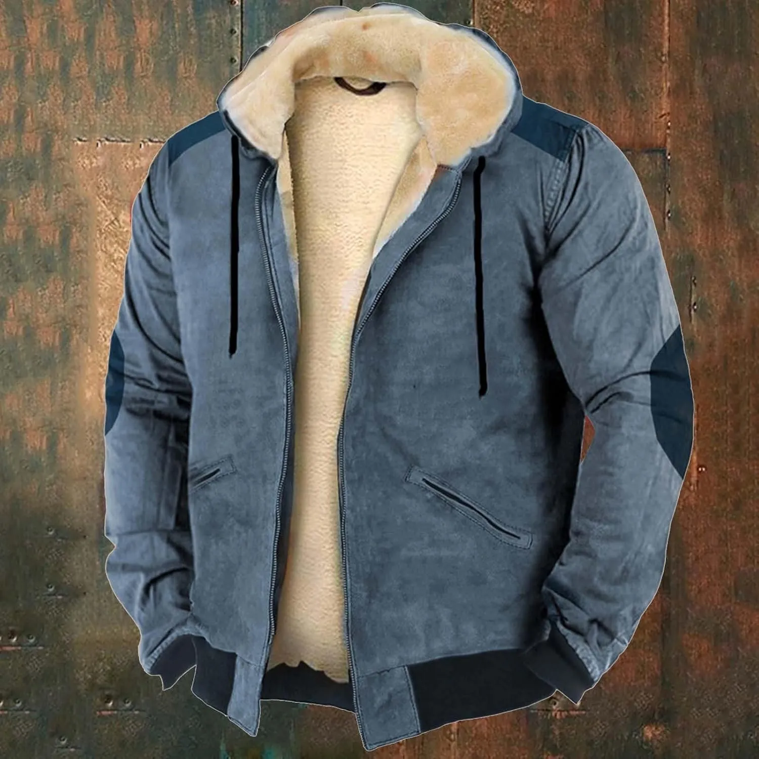Mens Long Sleeve Zipper Fleece Jackets Winter Thick Warm Windbreak Plush Coats Fashion Patchwork Utility Cargo Jacket