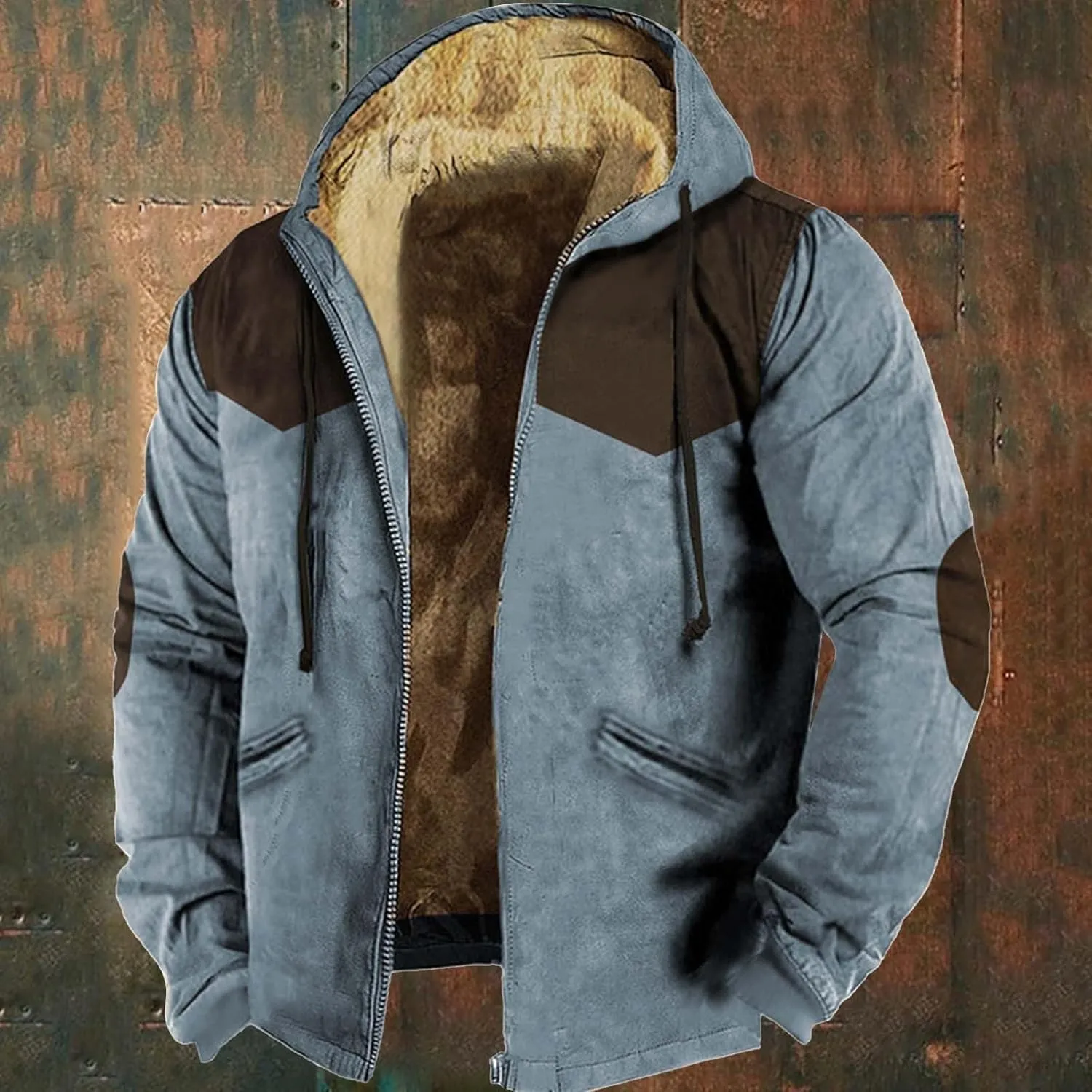 Mens Long Sleeve Zipper Fleece Jackets Winter Thick Warm Windbreak Plush Coats Fashion Patchwork Utility Cargo Jacket