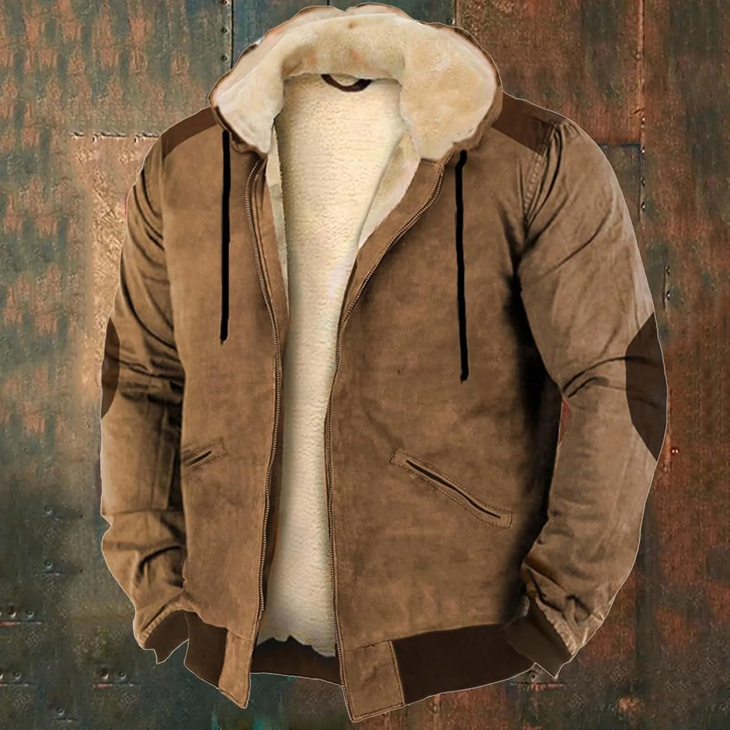Mens Long Sleeve Zipper Fleece Jackets Winter Thick Warm Windbreak Plush Coats Fashion Patchwork Utility Cargo Jacket