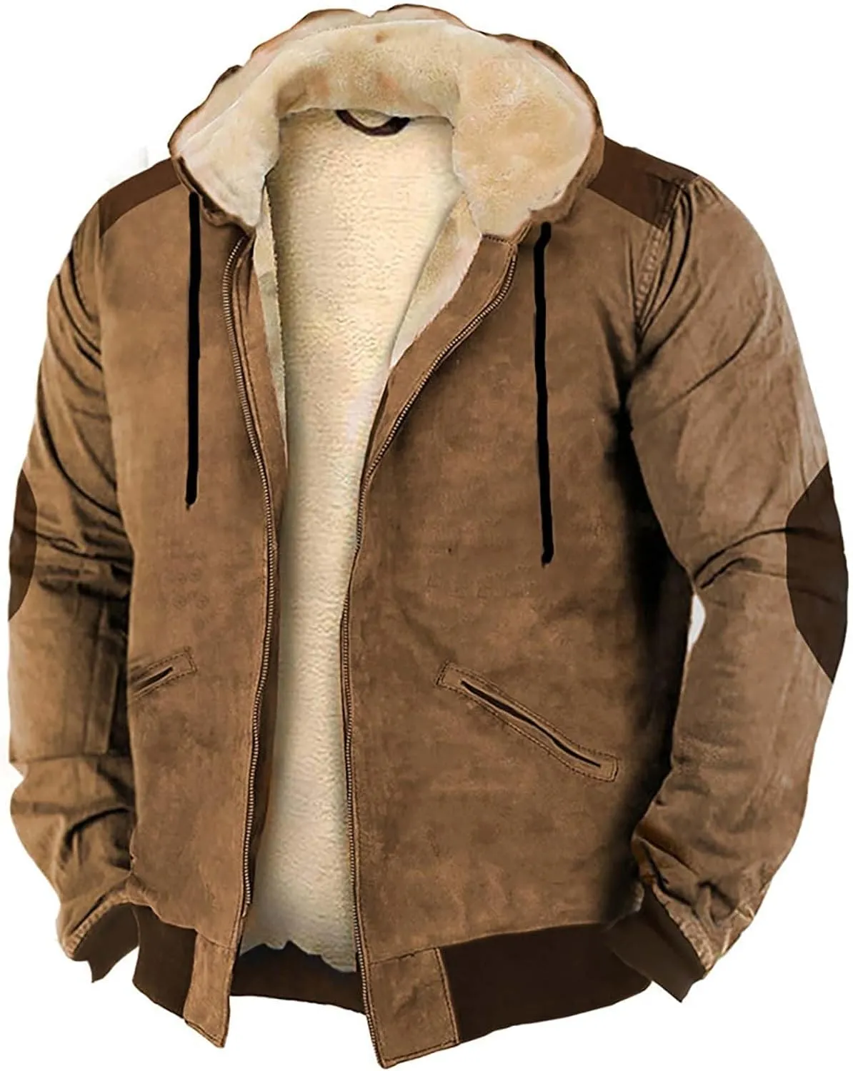 Mens Long Sleeve Zipper Fleece Jackets Winter Thick Warm Windbreak Plush Coats Fashion Patchwork Utility Cargo Jacket