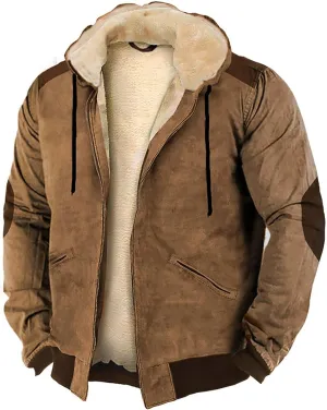 Mens Long Sleeve Zipper Fleece Jackets Winter Thick Warm Windbreak Plush Coats Fashion Patchwork Utility Cargo Jacket