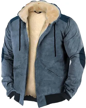 Mens Long Sleeve Zipper Fleece Jackets Winter Thick Warm Windbreak Plush Coats Fashion Patchwork Utility Cargo Jacket