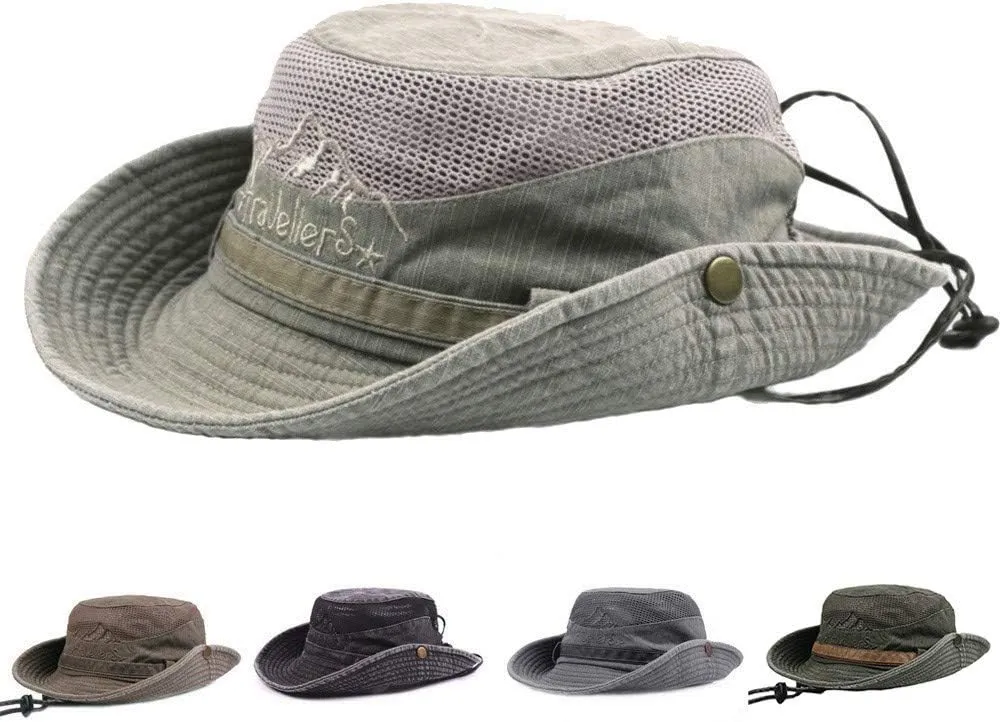 Mens Mesh Embroidery Roll Up Wide Brim Sun Hats Vintage Cotton Fedora Panama Hat Fishing Hat Climbing Bucket Hat