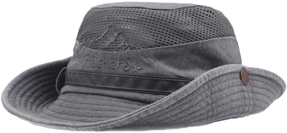 Mens Mesh Embroidery Roll Up Wide Brim Sun Hats Vintage Cotton Fedora Panama Hat Fishing Hat Climbing Bucket Hat