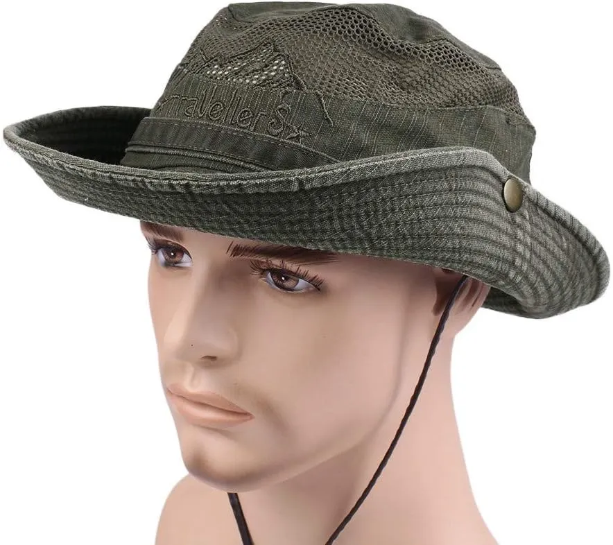 Mens Mesh Embroidery Roll Up Wide Brim Sun Hats Vintage Cotton Fedora Panama Hat Fishing Hat Climbing Bucket Hat