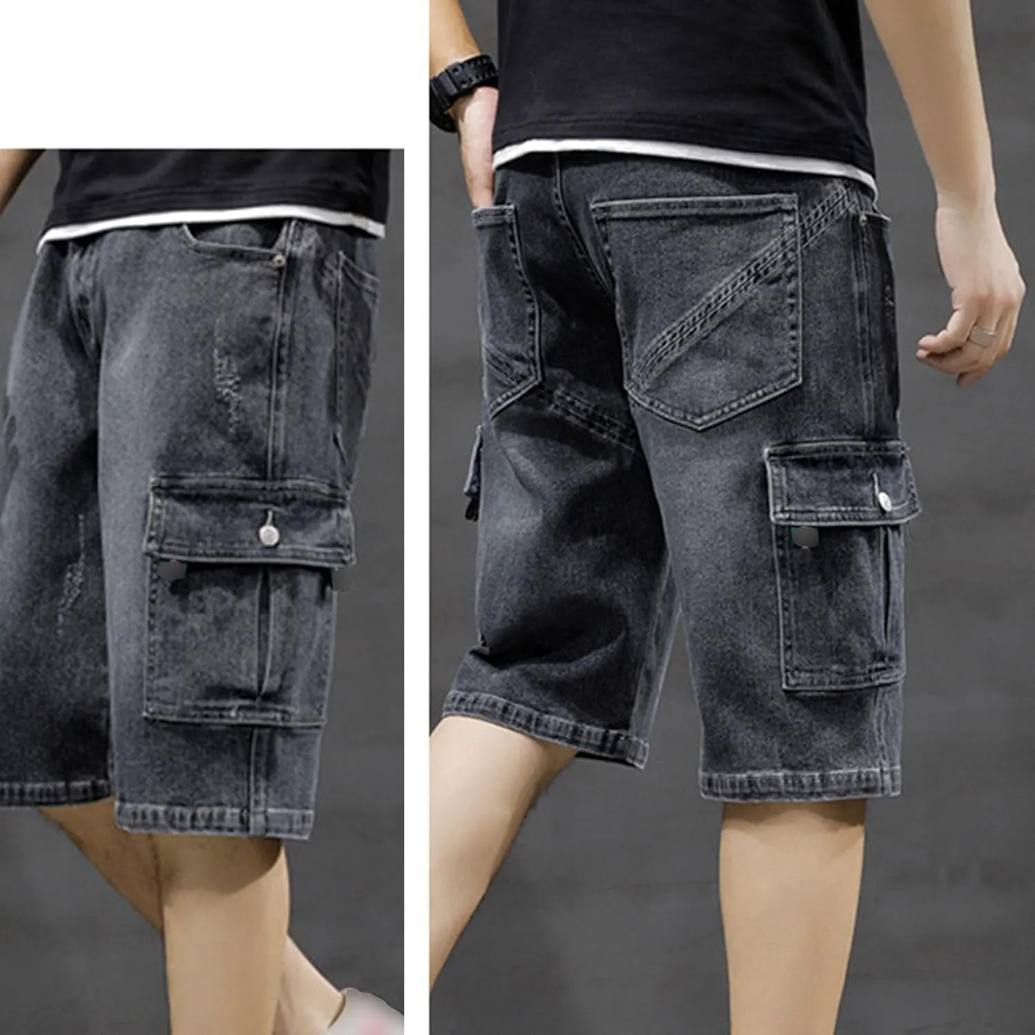 Men's Multi-Pocket Jean Half Pants Relaxed Fit Cargo Jean Shorts Male Straight Leg Denim Short