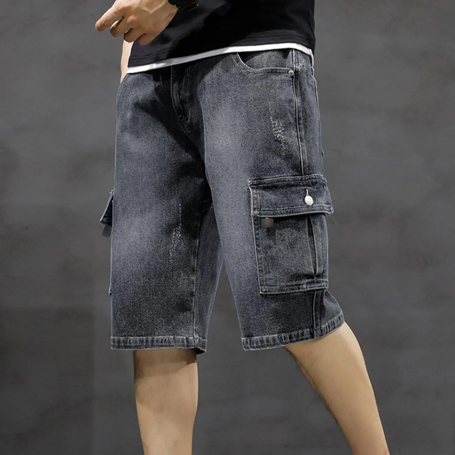 Men's Multi-Pocket Jean Half Pants Relaxed Fit Cargo Jean Shorts Male Straight Leg Denim Short