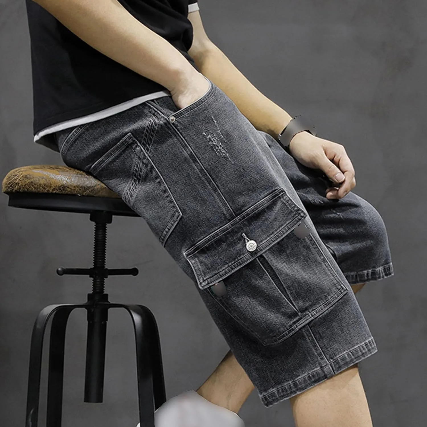 Men's Multi-Pocket Jean Half Pants Relaxed Fit Cargo Jean Shorts Male Straight Leg Denim Short